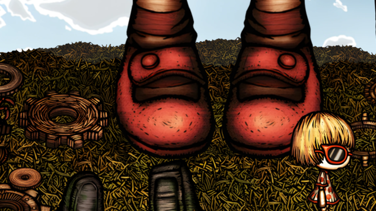 The doll in sunglasses standing beside giant red boots and wooden gears scattered on the ground.